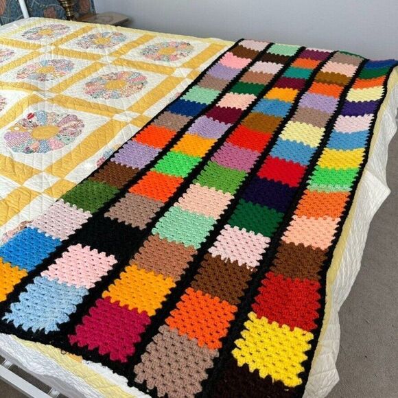 Vintage Handmade Crochet Rainbow Retro Wool Patchwork Afghan Throw Blanket - Picture 5 of 6